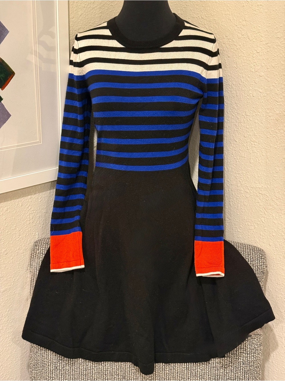 Vince Camuto Black Dress with Blue, White & Orange Striped Top S EUC - Picture 3 of 9